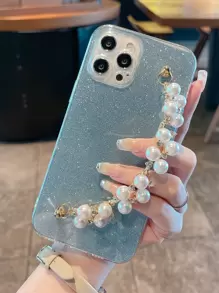 Glitter Faux Pearl Hand Strap Phone Case - Blue - View 4