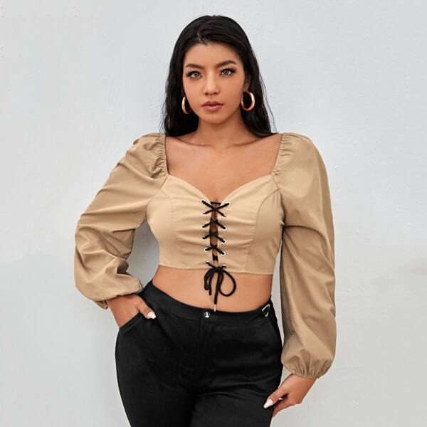 

Plus Lantern Sleeve Lace Up Front Crop Top, Khaki