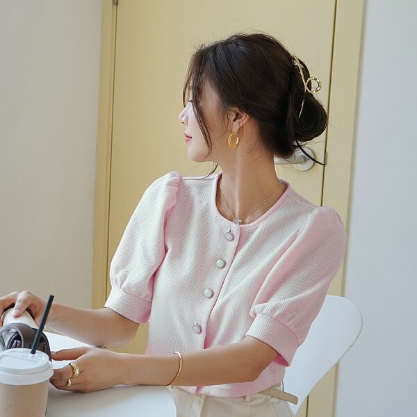 

Button Front Puff Sleeve Crop Blouse, Pink