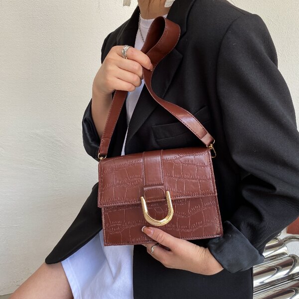 

Croc Embossed Flap Shoulder Bag, Coffee brown
