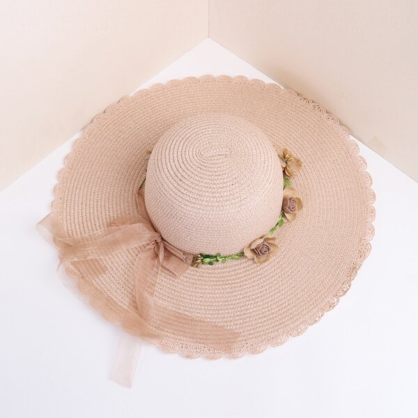 

Flower Decor Wide Brim Straw Hat, Pink