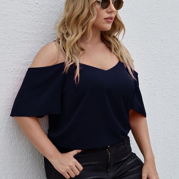 

Plus Solid Cold Shoulder Blouse, Navy blue
