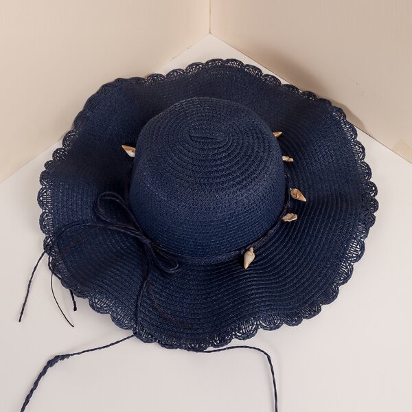 

Shell Decor Straw Hat, Navy blue