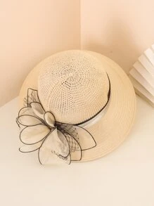 Mũ chống nắng trang trí hoa phong cách Boho - Màu be - Xem 2