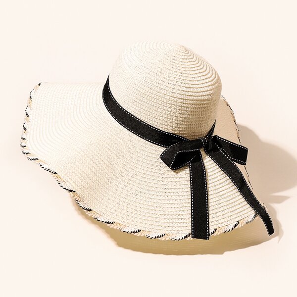 

Bow Knot Decor Straw Hat, Beige