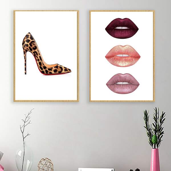 

2pcs Lip & High Heels Pattern Unframed Painting, Multicolor