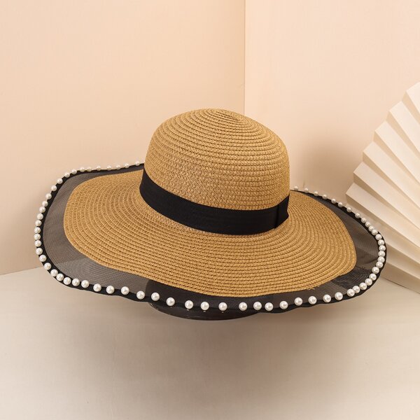 

Faux Pearl Decor Straw Hat, Khaki