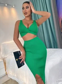 SHEIN SXY Slit Hem Pencil Skirt - Green - View 3