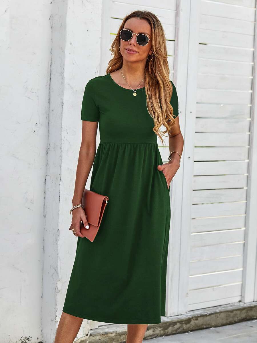 Solid Pocket Detail Dress - Dark Green - View 1