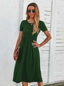 Solid Pocket Detail Dress - Dark Green - View 3