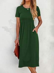 Solid Pocket Detail Dress - Dark Green - View 4