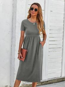 Solid Pocket Detail Dress - Grey - View 1