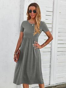 Solid Pocket Detail Dress - Grey - View 3