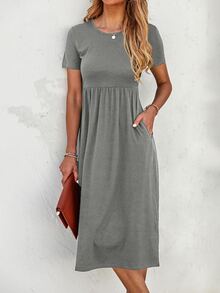 Solid Pocket Detail Dress - Grey - View 4