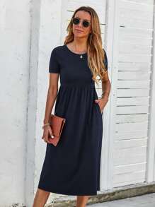 Solid Pocket Detail Dress - Navy Blue - View 1