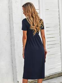 Solid Pocket Detail Dress - Navy Blue - View 2