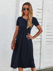 Solid Pocket Detail Dress - Navy Blue - View 3