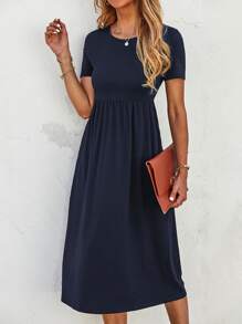 Solid Pocket Detail Dress - Navy Blue - View 4