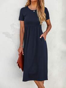 Solid Pocket Detail Dress - Navy Blue - View 5