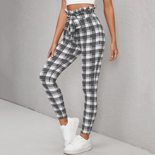 

Paperbag Waist Belted Plaid Skinny Pants, Black and white