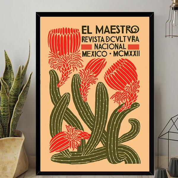 

1pc Cactus & Letter Graphic Unframed Painting, Multicolor
