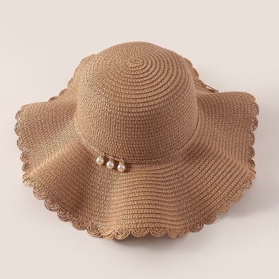 Faux Pearl Decor Straw Hat