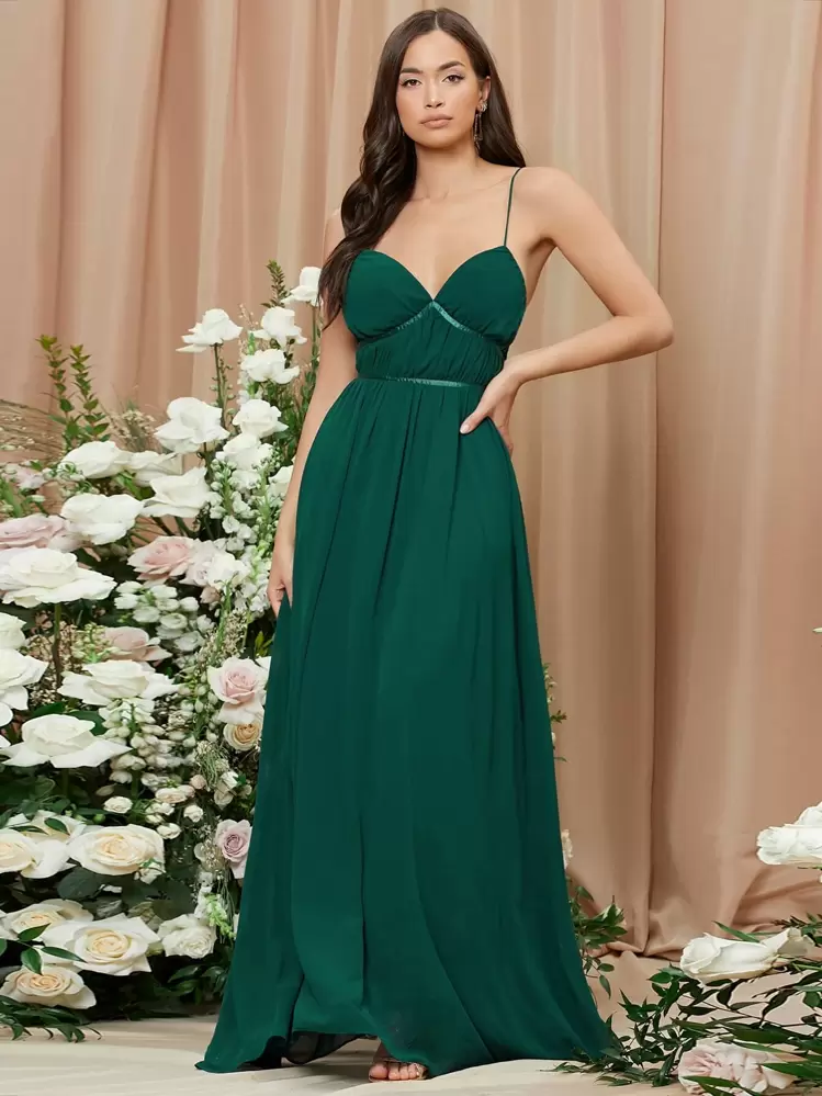 SHEIN Belle فستان وصيفة العروس عارية الذراعين الصاف جذابة - أخضر داكن - مشاهدة 2