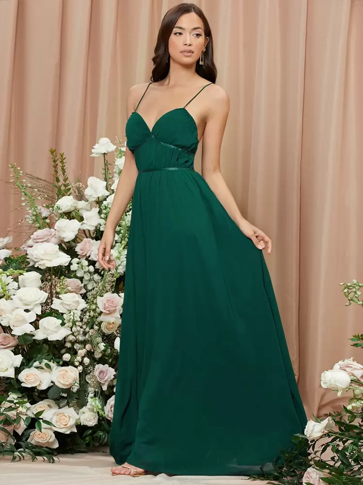 SHEIN Belle فستان وصيفة العروس عارية الذراعين الصاف جذابة - أخضر داكن - مشاهدة 1