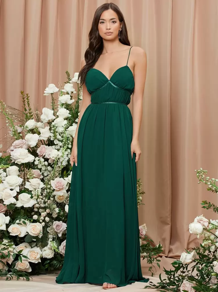 SHEIN Belle فستان وصيفة العروس عارية الذراعين الصاف جذابة - أخضر داكن - مشاهدة 6