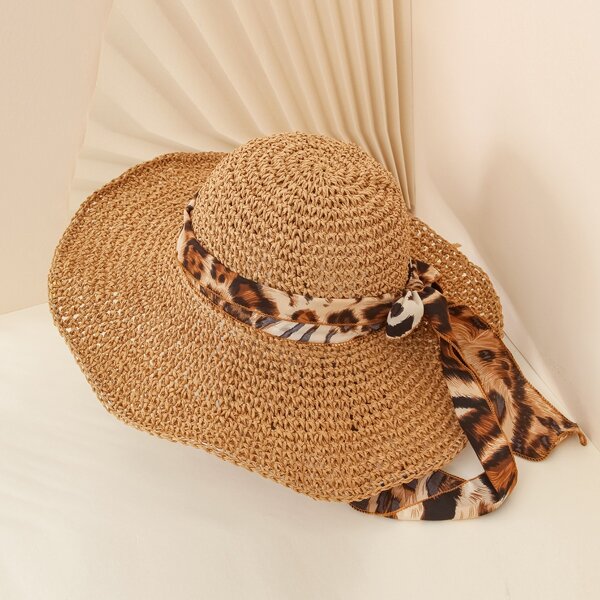 

Leopard Print Twilly Scarf Decor Straw Hat, Khaki