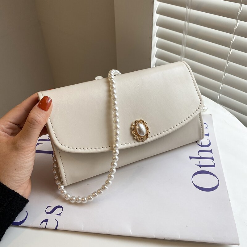 

Faux Pearl Decor Flap Shoulder Bag, White