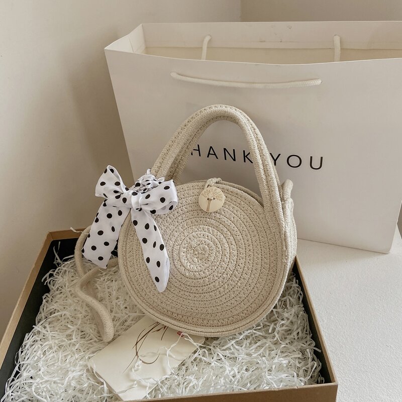 

Twilly Scarf Decor Woven Circle Bag, Beige