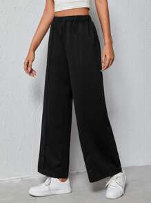 SHEIN Frenchy Elastic Waist Wide Leg Joggers - Black - View 1