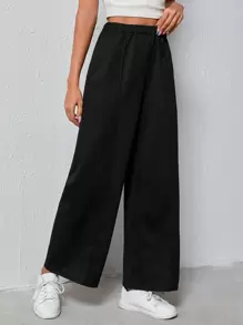 SHEIN Frenchy Elastic Waist Wide Leg Joggers - Black - View 3