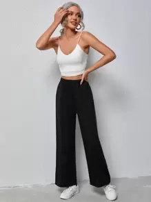 SHEIN Frenchy Elastic Waist Wide Leg Joggers - Black - View 4