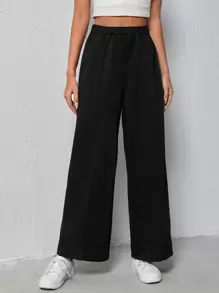 SHEIN Frenchy Elastic Waist Wide Leg Joggers - Black - View 5