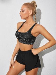 High Stretch Graphic Print Sports Bra With Shorts - Black - View 3