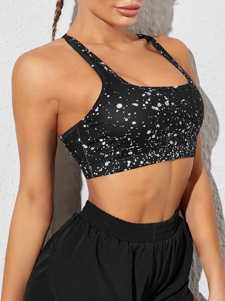 Sujetador Deportivo Con Estampado Gráfico De Alta Elasticidad Junto Con Pantalones Cortos - Negro - Añade 5