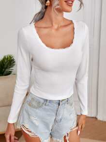 SHEIN Privé Lace Trim Scoop Neck Tee - White - View 3