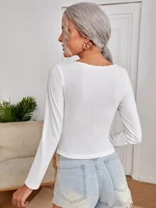 SHEIN Privé Lace Trim Scoop Neck Tee - White - View 2