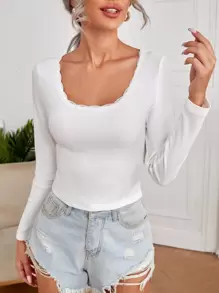 SHEIN Privé Lace Trim Scoop Neck Tee - White - View 1