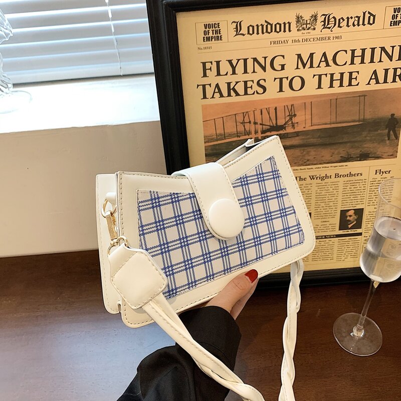 

Plaid Shoulder Bag, Blue and white