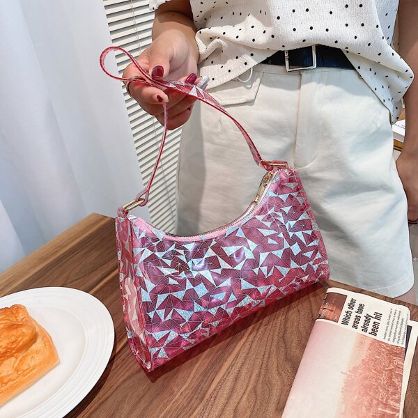 

Holographic Geo Graphic Baguette Bag, Pink