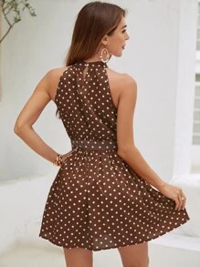 Chiquease Polka Dot Keyhole Back Belted Dress - Coffee Brown - View 2