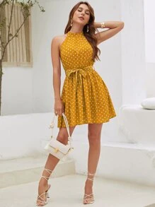 SHEIN LUNE 波卡圓點後鎖孔腰帶連衣裙 - 芥末黃 - 查看 1