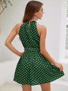 SHEIN LUNE Vestido con cinturón de espalda con abertura de ojo de lunares - Verde - Ver 2