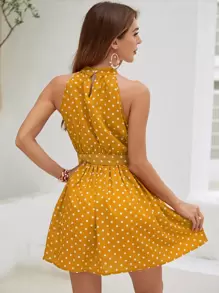 SHEIN LUNE 波卡圓點後鎖孔腰帶連衣裙 - 芥末黃 - 查看 2