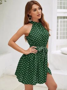 SHEIN LUNE Vestido con cinturón de espalda con abertura de ojo de lunares - Verde - Ver 3