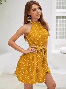 SHEIN LUNE 波卡圓點後鎖孔腰帶連衣裙 - 芥末黃 - 查看 3