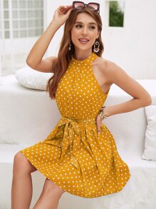 SHEIN LUNE 波卡圓點後鎖孔腰帶連衣裙 - 芥末黃 - 查看 4